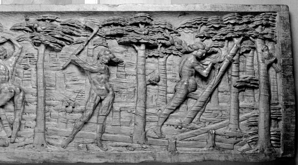 Angehörige des Volkes der Tupinambá fällen Brasilholz an der brasilianischen Küste und verladen es auf französische Schiffe. Die beiden Flachreliefs, die selbst aus Brasilholz gearbeitet sind, waren ursprünglich an der Fassade eines Hauses in der Rue Malpalu 17 in Rouen angebracht. Ca. 1530. Quelle: © Musée des Antiquités, Rouen, Frankreich