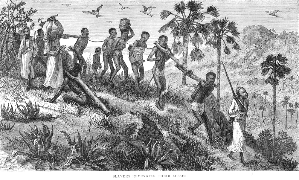 Eine Sklavenkarawane auf dem Weg zur ostafrikanischen Küste um 1865. Bild: Wikipedia gemeinfrei.